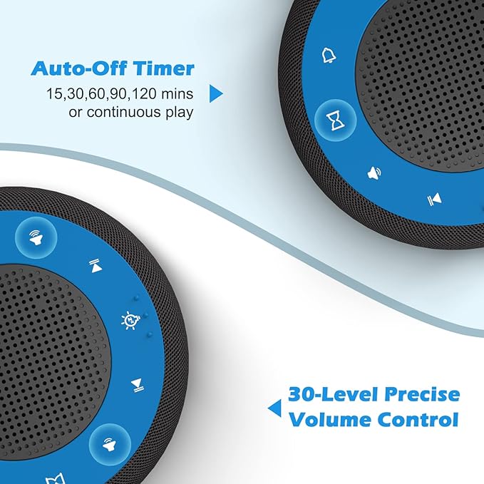 Buffbee Sound Machine & Alarm Clock 2-in-1, 0-100% Clock Face Brightness, Bottom Colored Light, Sleep Timer, Precise 30-Level Volume Control White Noise Machines