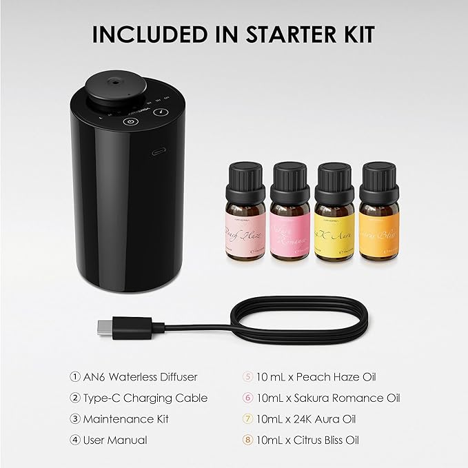 Waterless Essential Oil Diffuser Starter Kit with 4 x 10mL Fragrance Scent Oil, Battery Operated Mini Scent Air Machine Portable Diffuser for Home Car Office, AN6 Black Kit01