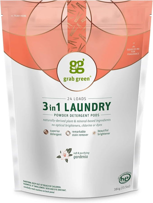 Grab Green 3-in-1 Laundry Detergent Pods, 24 Count, Gardenia Scent, Plant and Mineral Based, Superior Cleaning Power, Stain Remover, Brightens Clothes