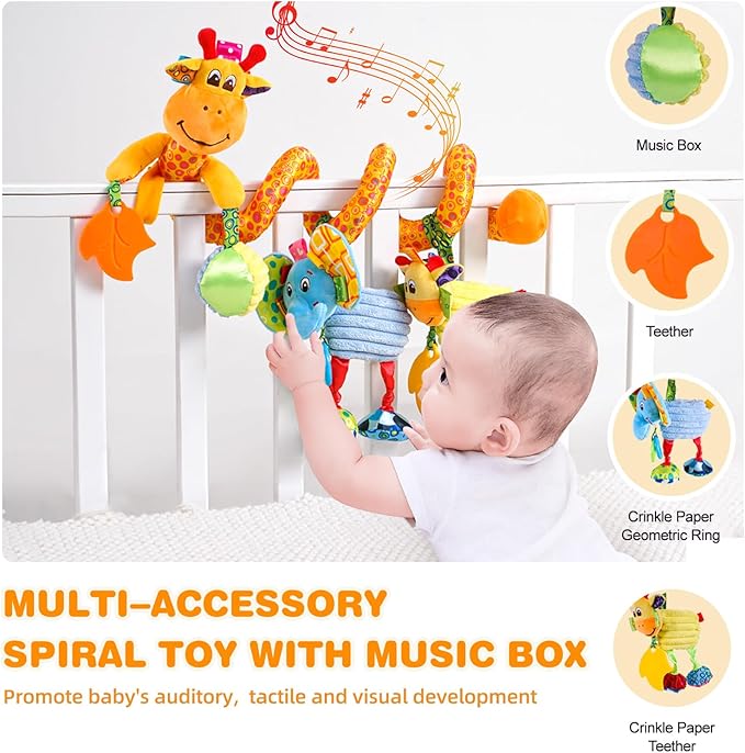 Jollybaby Crib Stroller Car Seat Toys for Baby 0-3-6-9-12 Months, Tummy Time Hanging Sensory Toys for Newborn with Music Box and Teether, Spiral Carseat Toy for Infant Boys Girls Gifts (Giraffe)