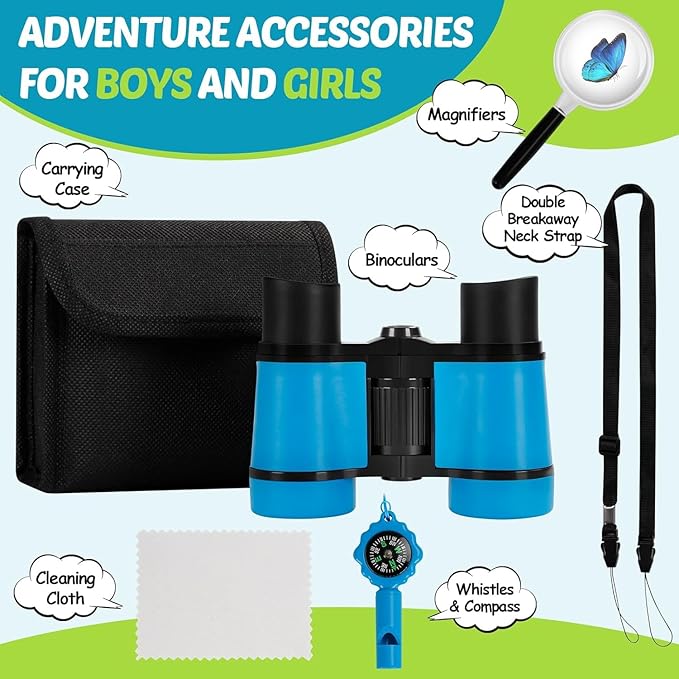 Binoculars for Kids, Kids Binoculars Toys for 3 4 5 6 7 8 Years Boys and Girls, Set with Magnifying Glass & Compass - Birthday Gifts Outdoor Toy for Kid Ages 3-8 Toddler Camping (Blue)