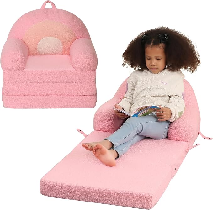 Foldable Kids Sofa, Comfy Rainbow Toddler Couch with Tri Folding Foam Cushions, Comfy Couch for Kid Age 18 Months and Up