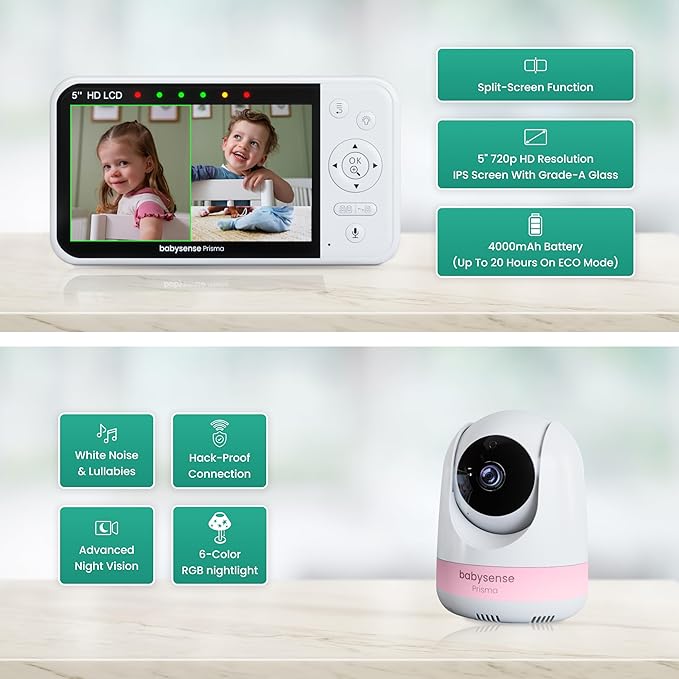 Babysense Prisma Baby Monitor with Camera and Audio, 5” HD Video Baby Monitor with 2 Cameras, 6-Color Night Light, Split Screen, Sound Machine with White Noise & Lullabies, Secure No WiFi