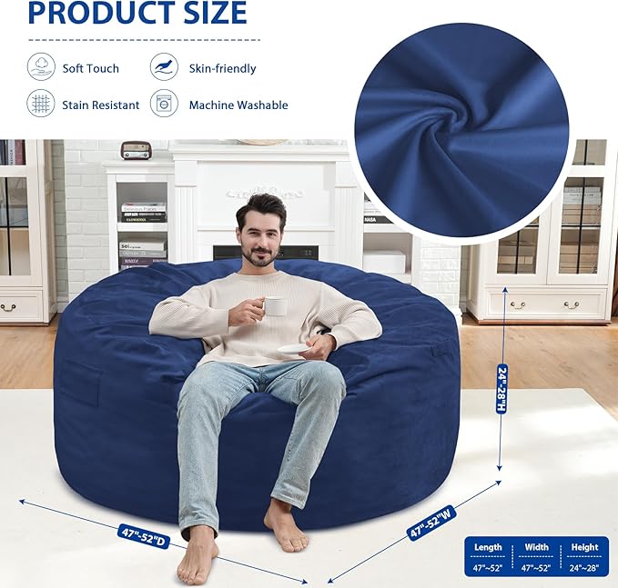5FT Bean Bag Chair, Large Bean Bag Chairs with Memory Foam Filled, Fluffy Beanbag Sofa with Dutch Velvet Cover, Round BeanBag Chairs for Living Room, Playroom - Blue