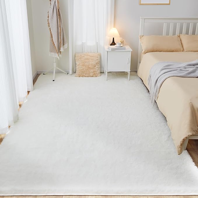 8x10 White Area Rug, Fluffy Plush Rugs for Bedroom, Non Slip Shag Indoor Carpet for Living Room, Nursery, Front Room, Room Decor