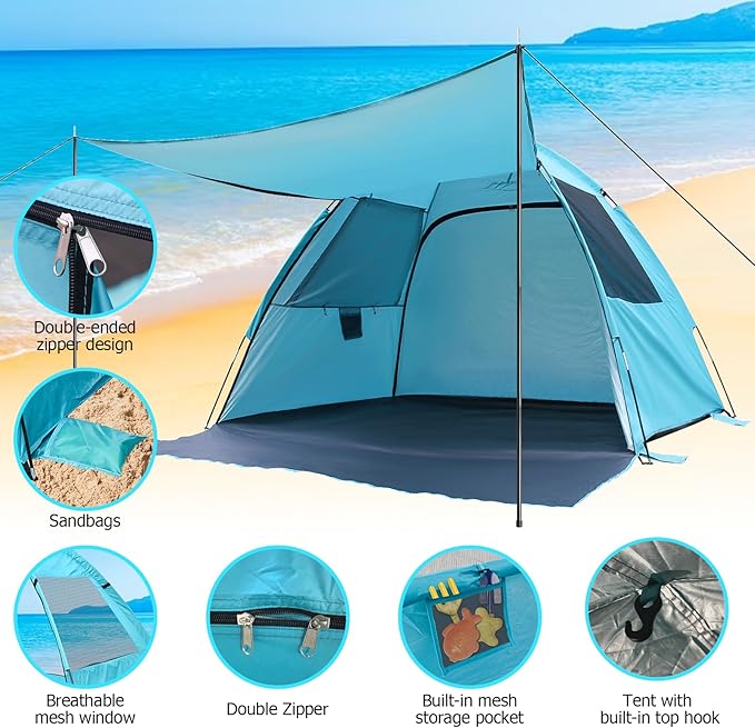 DLUCKY Beach Tent for 1/2/3/4/5/6 Person,Anti-UV Portable Sun Shade ShelterUPF 50+,Both Sides Extendable Floor,Extendable Awning,with 2 Ventilating Mesh Windows,Lightweight & Easy Setup.