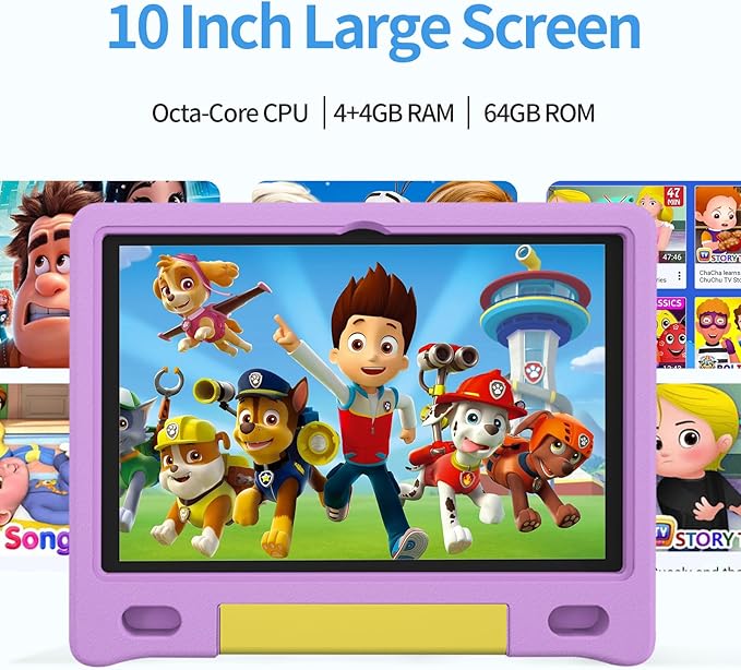 JREN Kids Table 10.1" ｜Android 14 Tablet for Kids｜64GB Storage｜Octa-Core｜WiFi ｜Cameras｜Parental Control｜Kids Content｜Case Included Great Gift for Children Ages 3-12 Years Old Purple