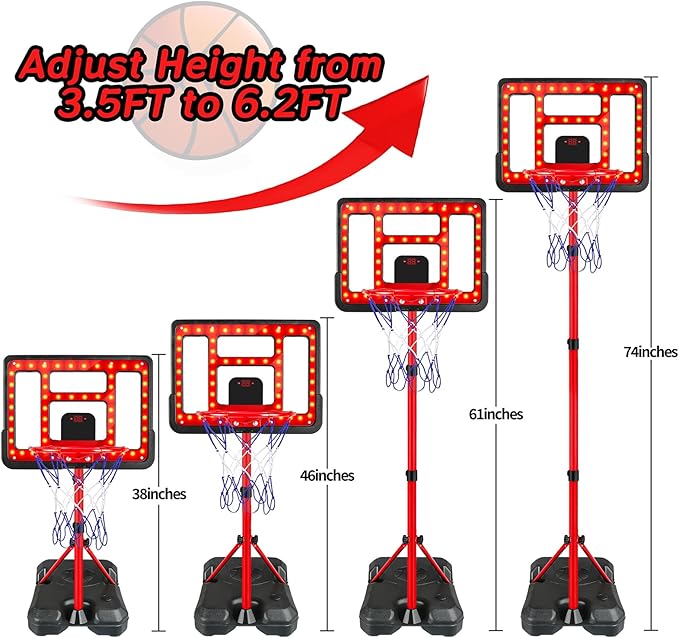Kids Basketball Hoop Adjustable Height 3.5FT-6.2FT, Indoor Outdoor Toddler Basketball Hoop with LED Scoreboard, Boys Basketball Toy for 3 4 5 6 7 8 Years Gift, Portable Basketball Goals Sport Game