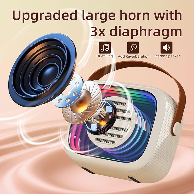YF93 Mini Karaoke Machine for Kids with Bluetooth Speaker, 7 Voice-Changing Modes, Colorful LED Mirror Lights, TF Card Support, Rechargeable 2200mAh Battery, Portable Singing Gift for Children(Beige)