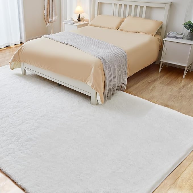 Fluffy Shag Area Rug, 4x6 White Rugs for Bedroom, Soft Plush Area Rugs for Living Room, Non-Slip Indoor Carpet for Nursery, Study Room, Dressing Room, Home Decor