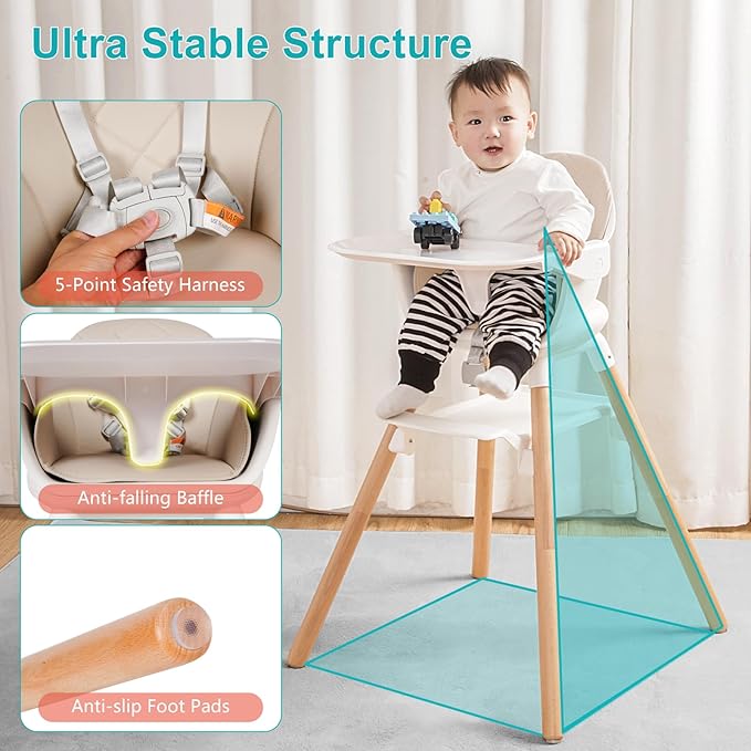 Baby High Chair, 6 in 1 Wooden Convertible High Chairs for Babies and Toddlers, Booster Seat with Double Tray & Reversible Footrest Baby Highchair, 5-Point Harness Baby Feeding Chair, Beige