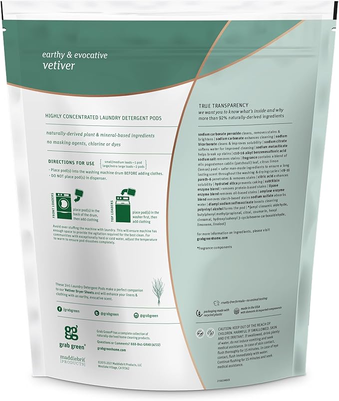 Grab Green 3-in-1 Laundry Detergent Pods, 60 Count, Vetiver Scent, Plant and Mineral Based, Superior Cleaning Power, Stain Remover, Brightens Clothes