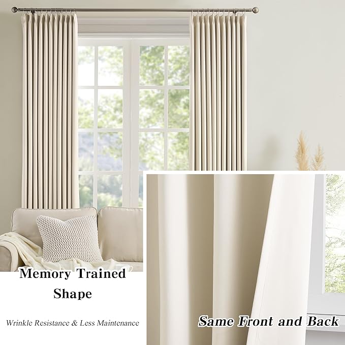 KEQIAOSUOCAI 100 Inch Extra Wide Pleated Curtains for Sliding Patio Door Large Windows 84 Long Room Divider Thermal Drapes for Living Room Accordion Door Curtain with Hooks W100 x L84, Ivory Beige