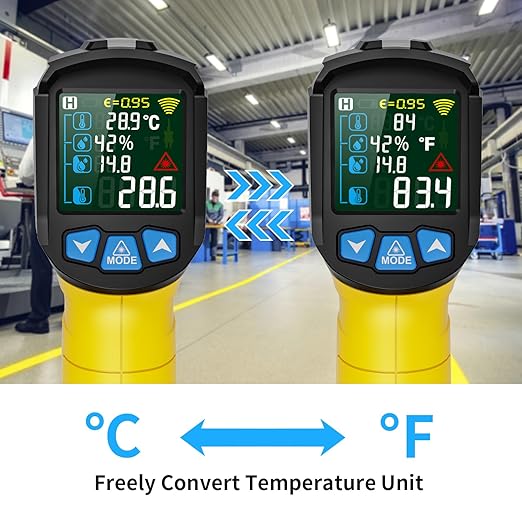 MESTEK Infrared Thermometer Laser Temperature Gun, -58°F to 1472°F (-50~800°C), Non-Contact Digital IR Thermometer Temp Gun Gun with Color LCD for Cooking Pizza Oven, Adjustable Emissivity