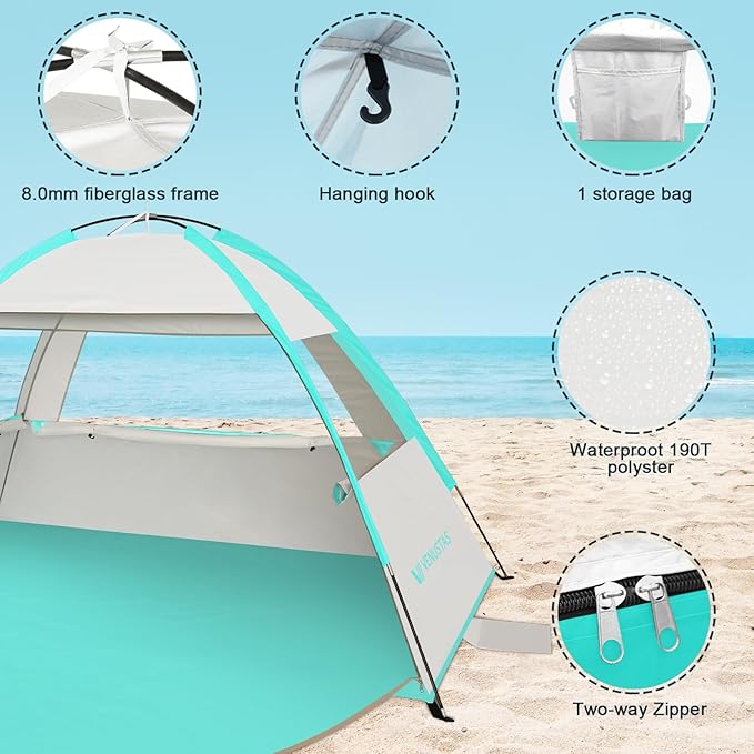 Venustas Beach Tent Sun Shelter for 3/4-5/6-7/8-10 Person, UPF 50+ UV Protection Beach Canopy, Lightweight and Easy Setup Cabana, Portable Shade Tent