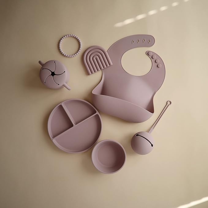 mushie Silicone Baby Bib | Adjustable Fit Waterproof Bibs (Pale Mauve)