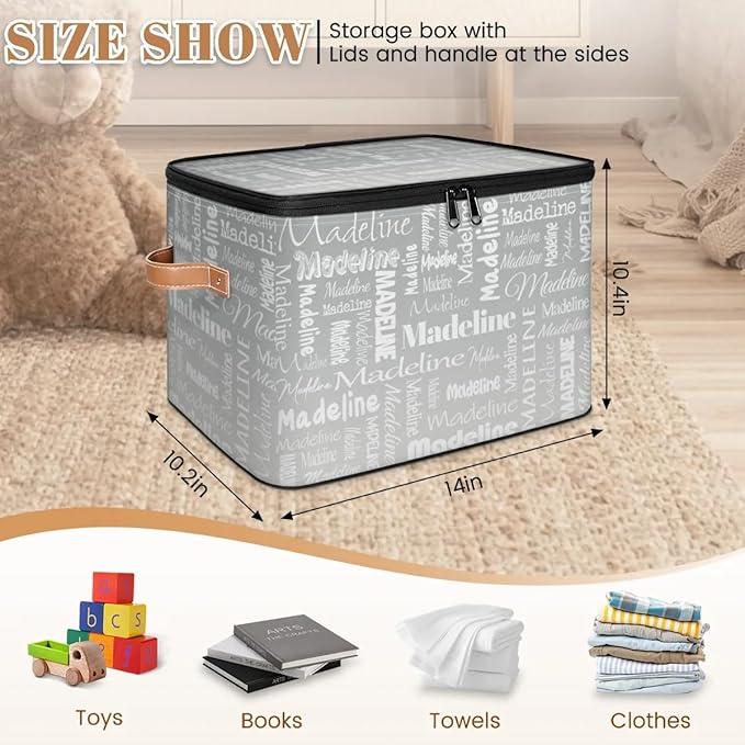 Custom Storage Basket with Name, Personalized Storage Bins with Zipper Lid, Foldable Fabric Storage Box Large capacity with Handle Grey