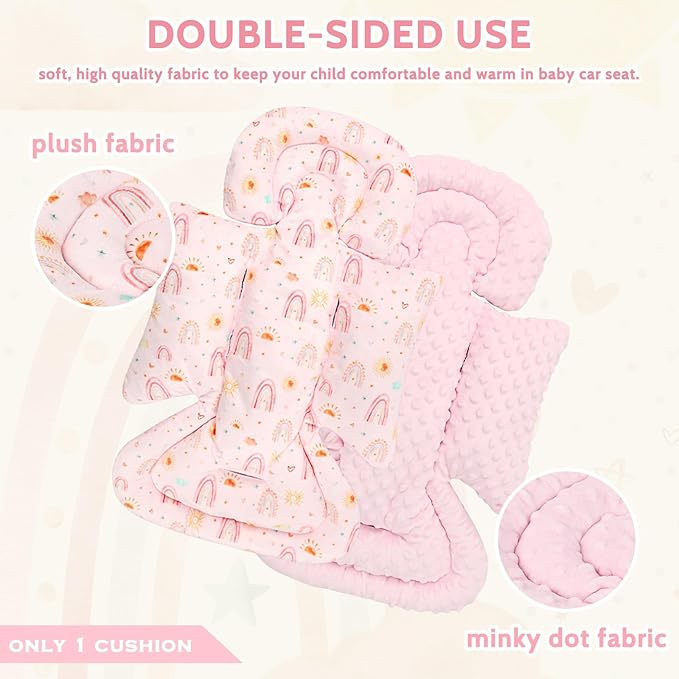 Infant Car Seat Insert and Strap Covers, Very Soft Car Seat Head Support Baby Girl Boy, Reversible Newborn Carseat Insert Cushion Fits for Stroller, Baby Swing, Bouncer (Pink Rainbow)
