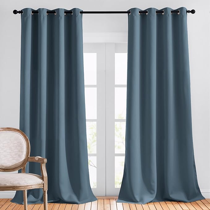 NICETOWN Patio Smoky Blue Curtain Shades - Summer Home Decoration Thermal Insulated Grommet Blackout Draperies/Drapes for Kitchen (2 Panels, 52 inches x 95 inches,Smoky Blue)