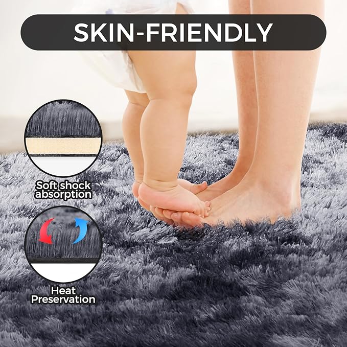 Ultra Soft Rug for Living Room, 8X10 Fluffy Shag Area Rug for Bedroom, Modern Shaggy Carpet Fuzzy Rug for Teens Dorm Nursery Home Decor Aesthetic, Upgrade Anti-Skid Durable, Tie Dye Black and Grey