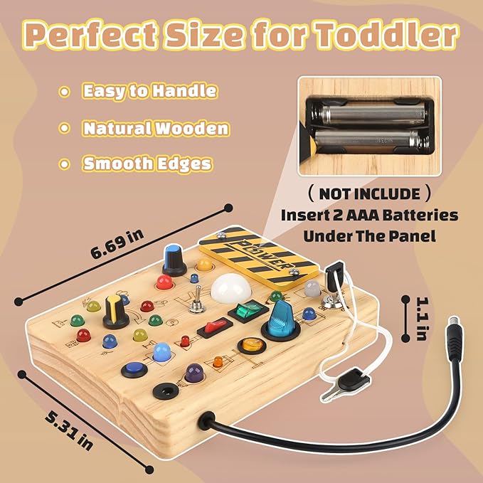 Joyreal Montessori Busy Board Wooden Sensory Toys for Toddler with LED Light Up Switch, Baby Fidget Board Travel Toys for 18+ Months, 1 2 3 Year Old Boys Girls Toddler Toy Gifts (Classic)