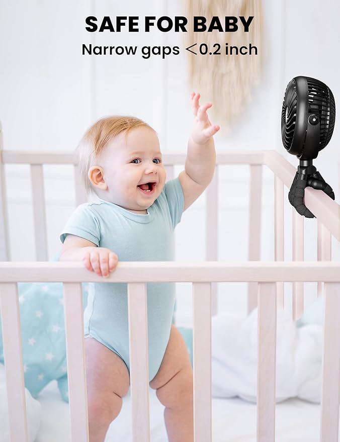 AMACOOL Baby Stroller Fan - 5000mAh Rechargeable, 3-Speed, Strong Yet Quiet, 360°Rotate Portable Clip on Fan for Travel, Car Seat, Crib, Bike, Treadmill, Beach Vacation Essentials
