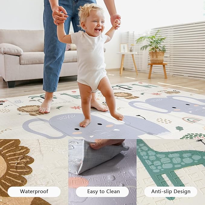 79x71 Foldable Baby Play Mat for Floor, Extra Large Non-Toxic Tummy Time and Crawling Playmat, Thick Foam Play Mat for Baby, Reversible Portable Babies Floor Mats for Infant, Toddler