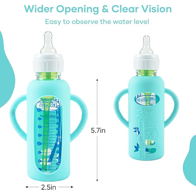 2 Pack Silicone Sleeves for Dr. Brown's Glass Baby Bottles, Anti Breakage Durable Baby Bottle Holder with Easy Grip Handles, Narrow Sleeve with a Cutout, Dishwasher/Freezer/Microwave Safe, 8 oz