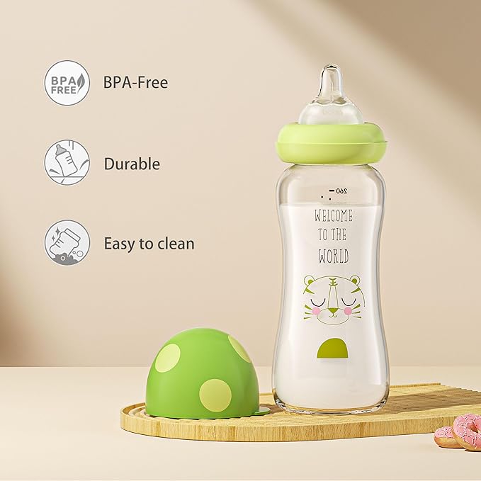 YOHKOH Natural Glass Baby Bottle with Natural Response Nipple, Newborn Anti-Colic Baby Bottles, Wide Neck Mushroom Cap Baby Bottle, Clear (8.8ounce (Pack of 2), Green1)
