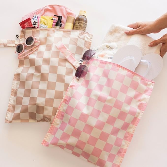 Tiny Twinkle Mess-Proof Waterproof Wet Dry Bag | 2-Pack Reusable Wet Bags for Swimsuits & Baby Clothes | Leakproof Wet Bag for Travel & Diaper Changes for Baby (Pink, Brown Checkers)