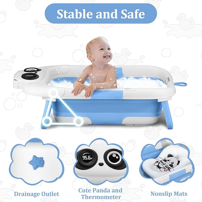 Foldable Baby Bathtub, Lightweight Bathtub for Infants to Toddlers with Soft Cushion & Thermometer, Portable Baby Tub Newborn to Toddler 0-36 Months(Blue)