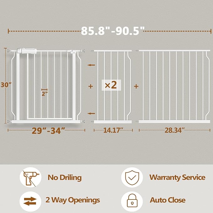 Baby Gate for Doorways Stairs Hallway 85.8-90.5 Inch Wide, Walk Through Child Gates with Pressure Mounted Extention Kit, Indoor Safety Child Gates for Kids or Pets