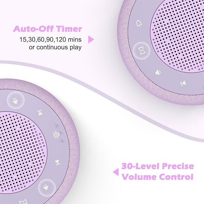 Buffbee Sound Machine & Alarm Clock 2-in-1, 0-100% Clock Face Brightness, Bottom Colored Light, Sleep Timer, Precise 30-Level Volume White Noise Machine, Digital Alarm Clocks for Bedrooms - Purple
