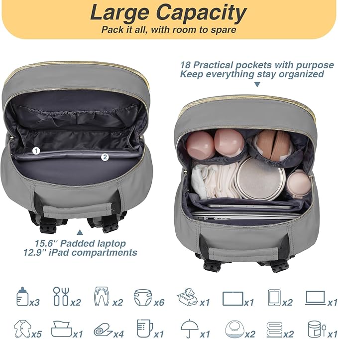 MOMUVO Diaper Bag Backpack, Quilted Baby Bag with Changing Pad and Stroller Straps and Pacifier Case, Large Travel Diaper Bags for Mom Dad, Grey