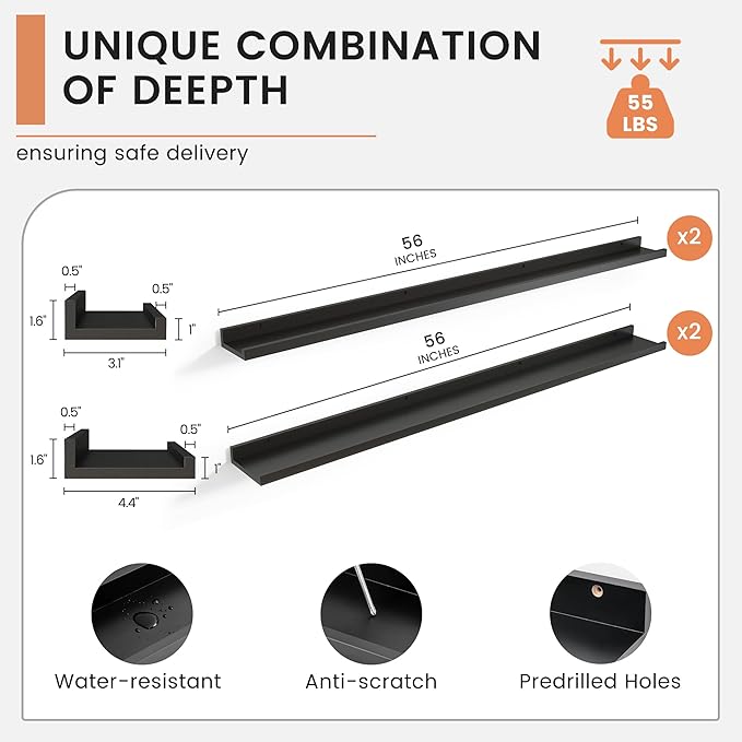 Floating Picture Ledge Shelves for Wall Set of 4, 56 Inch Wall Shelves with Lip Long Large Nursery Book Shelf for Toys Storage Kids Bookshelf Wall Mounted Living Room Bedroom Decor Frames