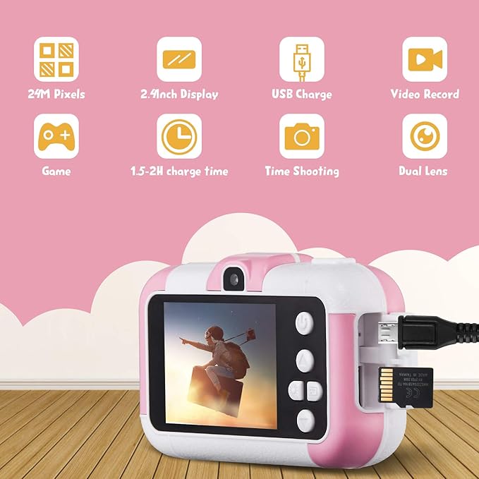 Kids Camera, SUZIYO Children Digital Selfie Video Camcorder 1080P Dual Lens 2.4 Inch HD, Birthday Christmas Electronic Gifts Toys for Age 3-9 Years Old Toddlers Girls Boys with 32G TF Card,Pink