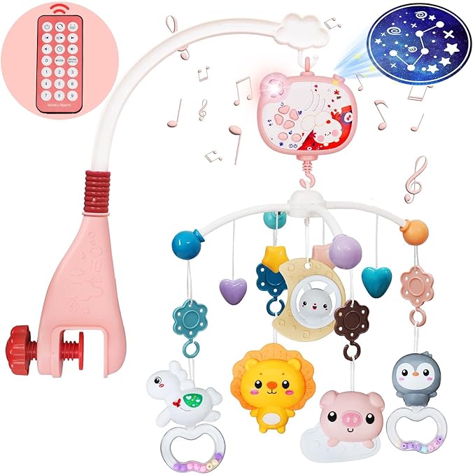 Baby Mobiles for Cribs, Crib Mobile with Music and Lights, Nursery Musical Mobile for Bassinets Hanging Toys with Remote Control, Rotation, Projection, Animal Mobile Arm Clip On for Infant Boys Girls