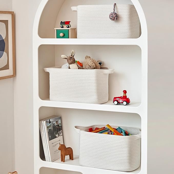 3 Packs Cotton Rope Woven Basket With Handles for Shelves -15"*10.2"*9.1"(White)