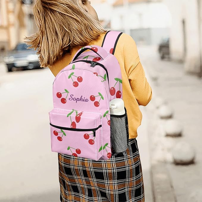 Cherry on Pink Custom Kids Backpack 16.5 Inch for Boy Girl, Personalized Waterproof Child School Travel Bag with Name