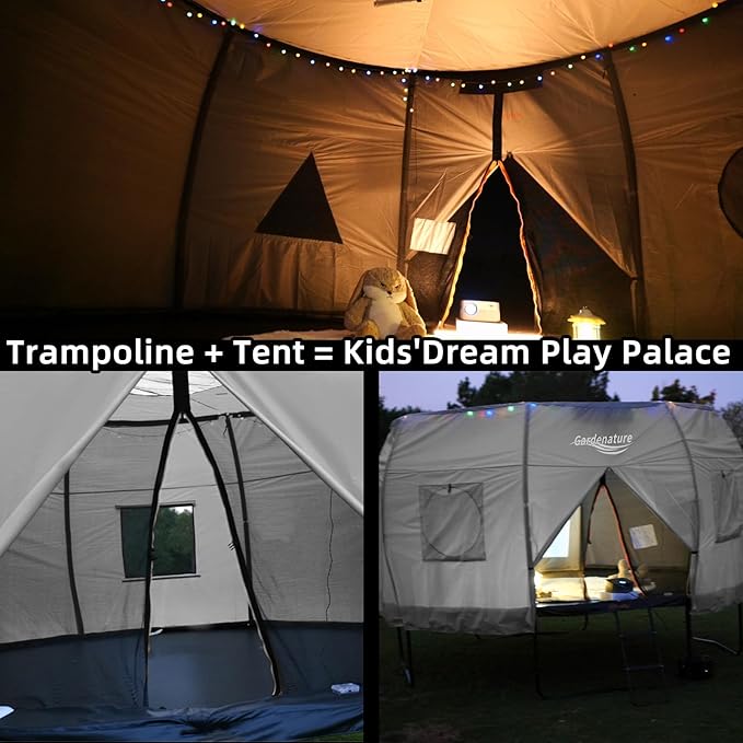 Gardenature 10FT/12FT/14FT Trampoline Tent(Tent Only), Fit Round Trampolines, Shade Cover with LED Light, Outdoor Trampolien Accessories, Anti-Tear, Beige