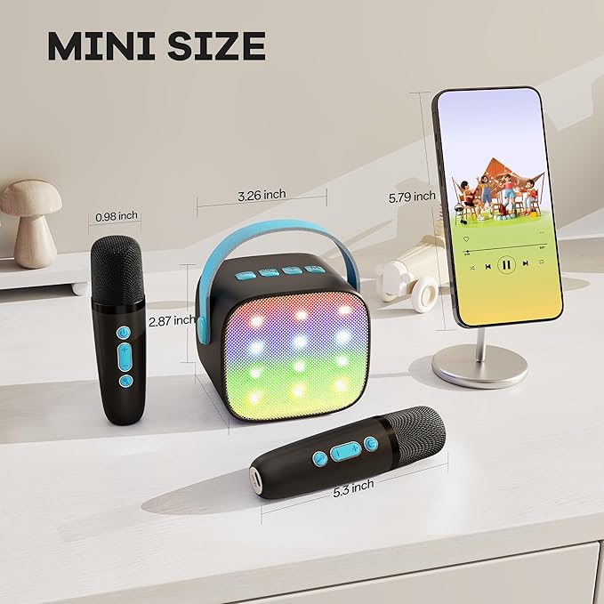 YLL Mini Karaoke Machine with 2 Wireless Microphones, TOP Kids Gifts for Girls Ages 3, 4, 5, 6, 7, 8, 9,10,11,12 +Year Old, 4-12 Years Old Birthday Toy Gift for Girls Boys Party (Black Blue)