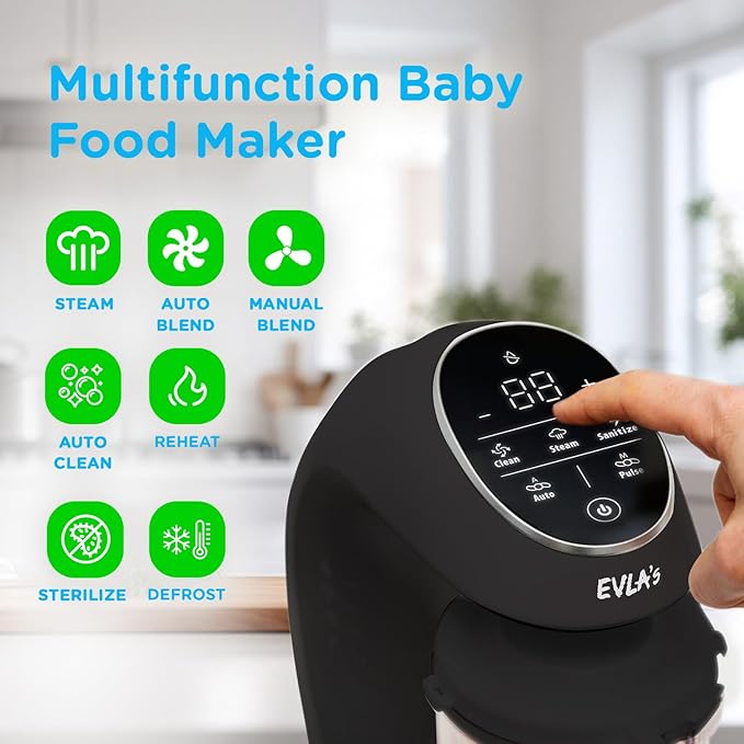 EVLA'S Baby Food Maker, Steamer, Blender, Baby Food Processor for Healthy Homemade Baby Food in Minutes, Touch Screen with 6 Reusable Food Pouches, Baby Registry Essential, Dark Grey