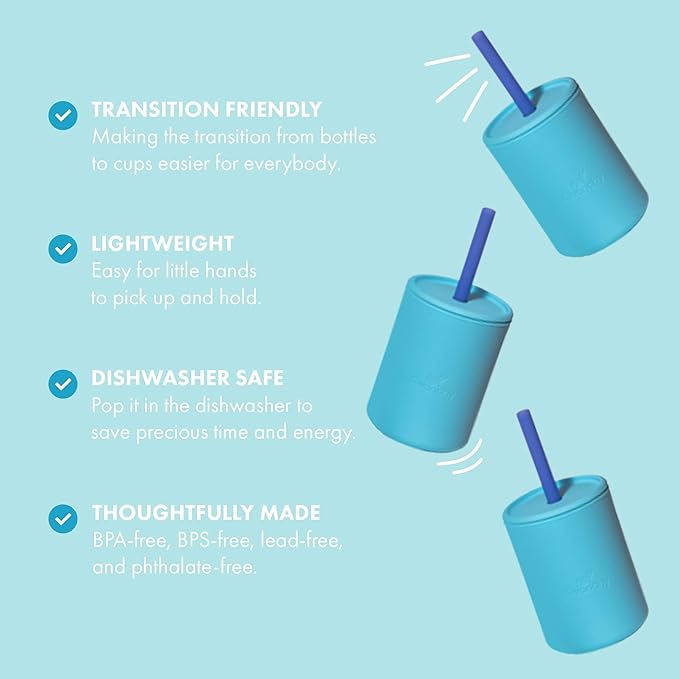 Avanchy Silicone Training Sippy Cup with Straw Lid – For Babies 6+ Months to Toddlers 1 Year Old – 8 oz Infant Water Cup for Baby Led Weaning, White + 5 Reusable Straws