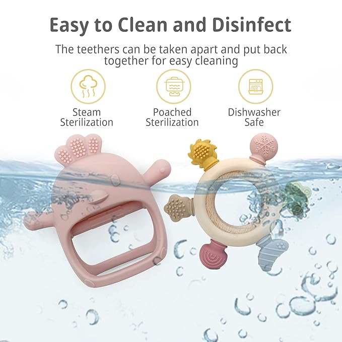 2 Pack Baby Teething Toys for 0-6 & 6-12 Months, Food Grade Silicone Teething Mitten No Drop Teether and Ring Teether, BPA Free, One-Piece, CPC Certified Baby Chew Toys for Sucking Needs