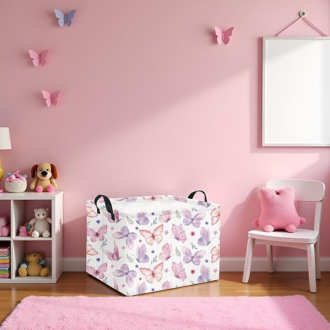HIYAGON Rectangular Pink Basket for Girls Kids Baby Storage Basket Toy Storage Bin Organizer Box Room Decor(Watercolor Butterfly)