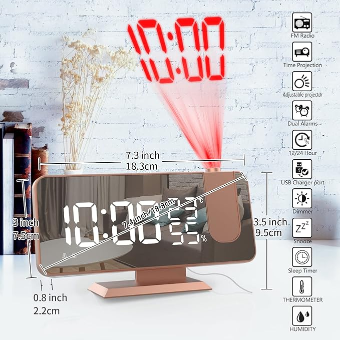 Projection Digital Alarm Clock for Bedrooms, Alarm Clock Radio on Ceiling, USB Charger Port, Temperature & Humidity Display, 7.3” Large Mirror LED Display,12/24H,Snooze,Dual Loud Clock- 4 Dimmer