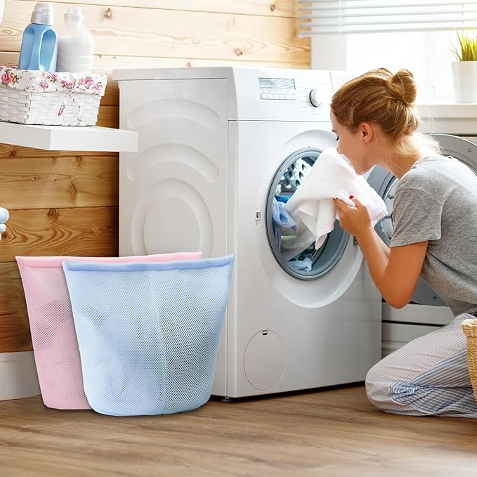 2 Pcs Special Zoning laundry bag for delicates with handles mesh laundry bags washing machine laundry totes travel storage and sorting bag(Pink-Blue)