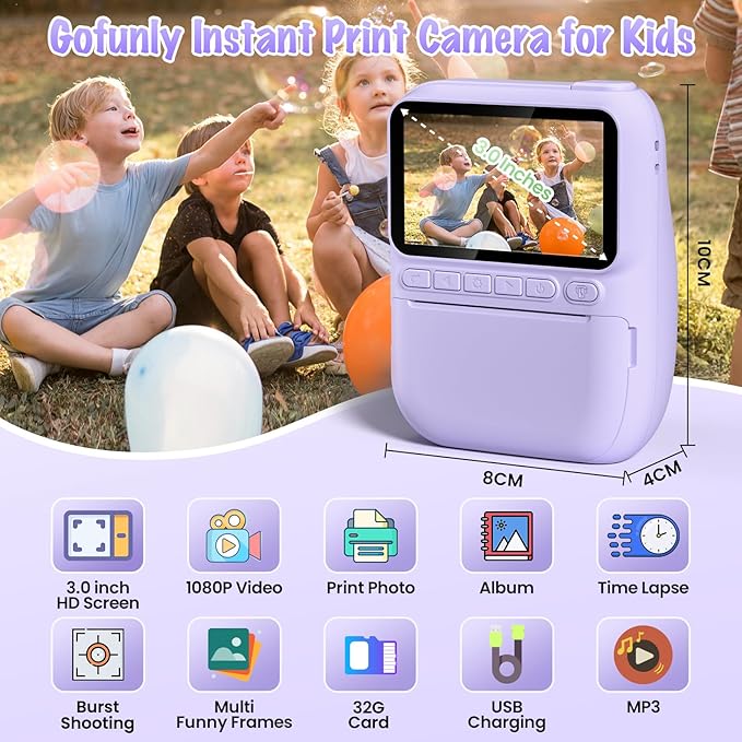 Kids Camera Instant Print, 3.0" HD 32MP Kids Camera Christmas Birthday Gifts for 3 4 5 6 7 8 9 10 11 12 Year Old Girls Boys, 32GB SD Card-Purple