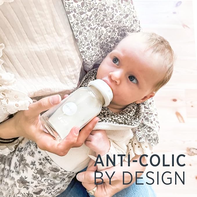 HEVEA Standard Neck Glass Baby Bottles - Medium Flow Anti Colic Baby Bottles (8 Ounce (Pack of 2))