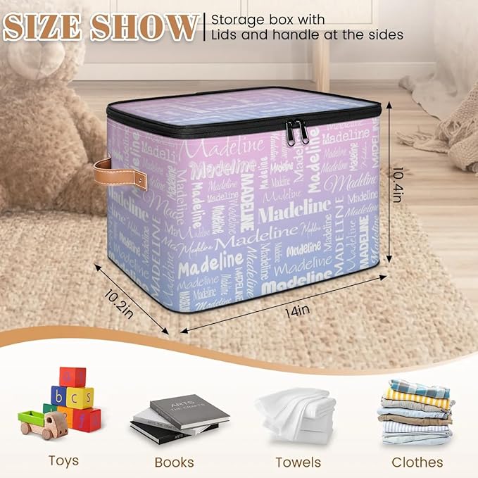 Custom Storage Basket with Name, Personalized Storage Bins with Zipper Lid, Foldable Fabric Storage Box Large capacity with Handle Pink Purple